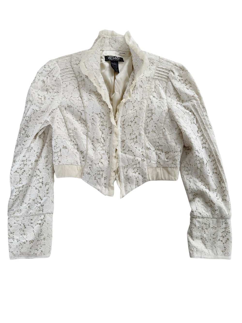 WD•NY Vintage Y2K Ivory Lace Cropped Jacket Blazer Ruffle High Neck Cream M